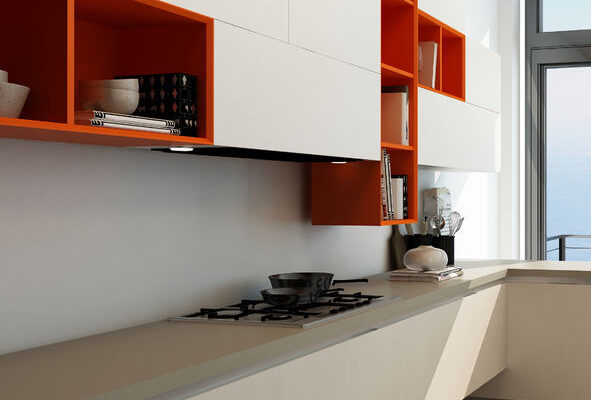 28772313 - modern orange style kitchen interior with applicances