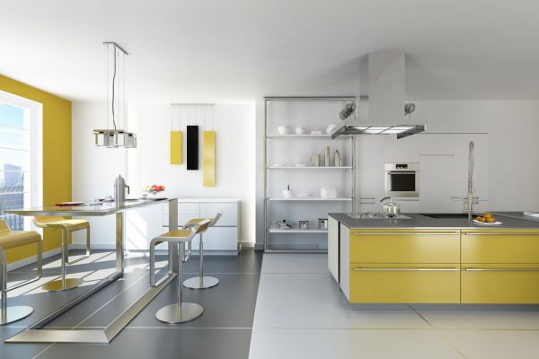 19893714 - modern white and yellow kitchen with isle and table